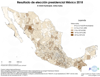 Mapa de resultado elección presidencial México 2018. Votos nulos, por municipio