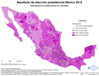 Mapa de resultado elección presidencial México 2018. Participación, por municipio