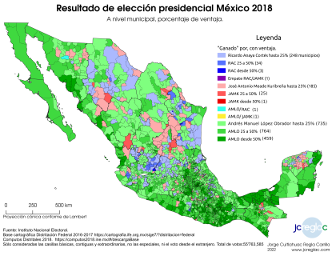 Mapa de resultado elección presidencial México 2018. Porcentaje de ventaja, por municipio