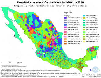 Mapa de resultado elección presidencial México 2018. Categorizado por tres candidatos punteros, por municipio