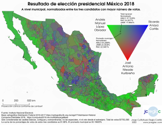 Mapa de resultado elección presidencial México 2018. Tres candidatos triángulo RGB, por municipio