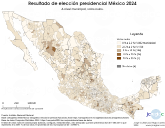 Mapa de resultado elección presidencial México 2024. Votos nulos, por municipio