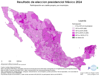 Mapa de resultado elección presidencial México 2024. Participación, por municipio