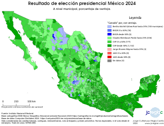 Mapa de resultado elección presidencial México 2024. Porcentaje de ventaja, por municipio