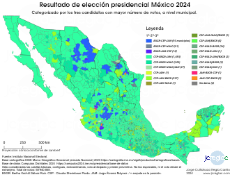 Mapa de resultado elección presidencial México 2024. Categorizado por tres candidatos punteros, por municipio