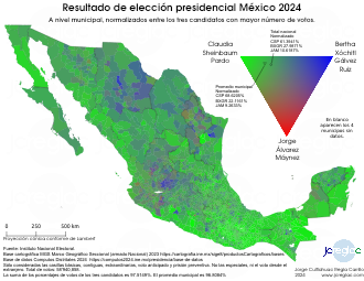 Mapa de resultado elección presidencial México 2024. Tres candidatos triángulo RGB, por municipio